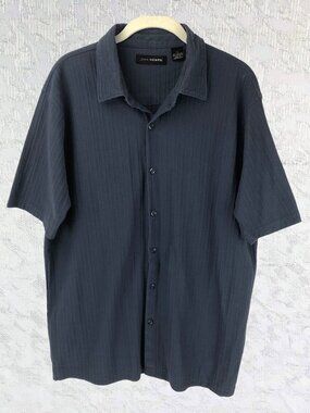 John Henry Dark Blue Stripe Button Down Shirt Camp Collar & Short Sleeve Men’s L